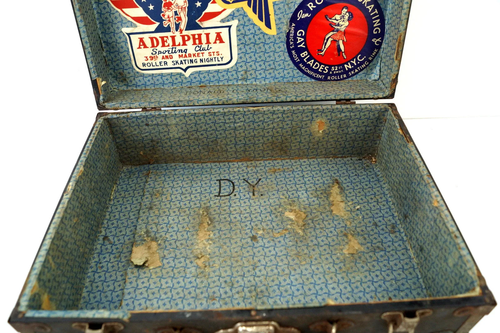 Vintage Metal Roller Skate Case in Black with Original Stickers (c.1950s)