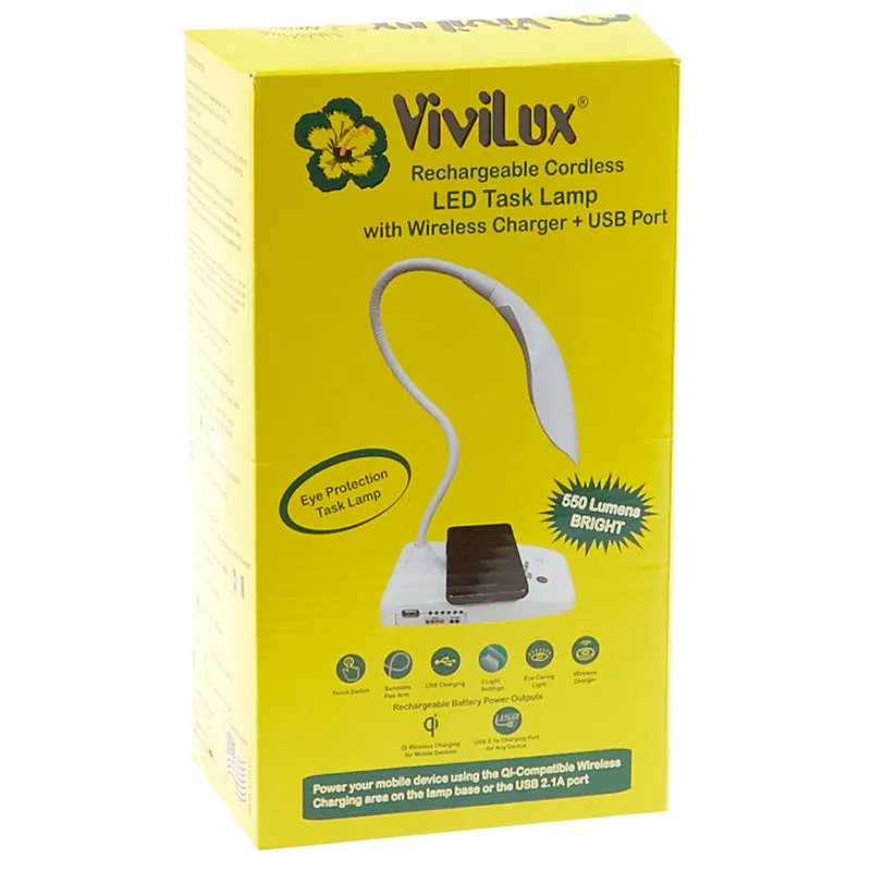 ViviLux Rechargeable Cordless LED Lamp with Wireless Charger & USB