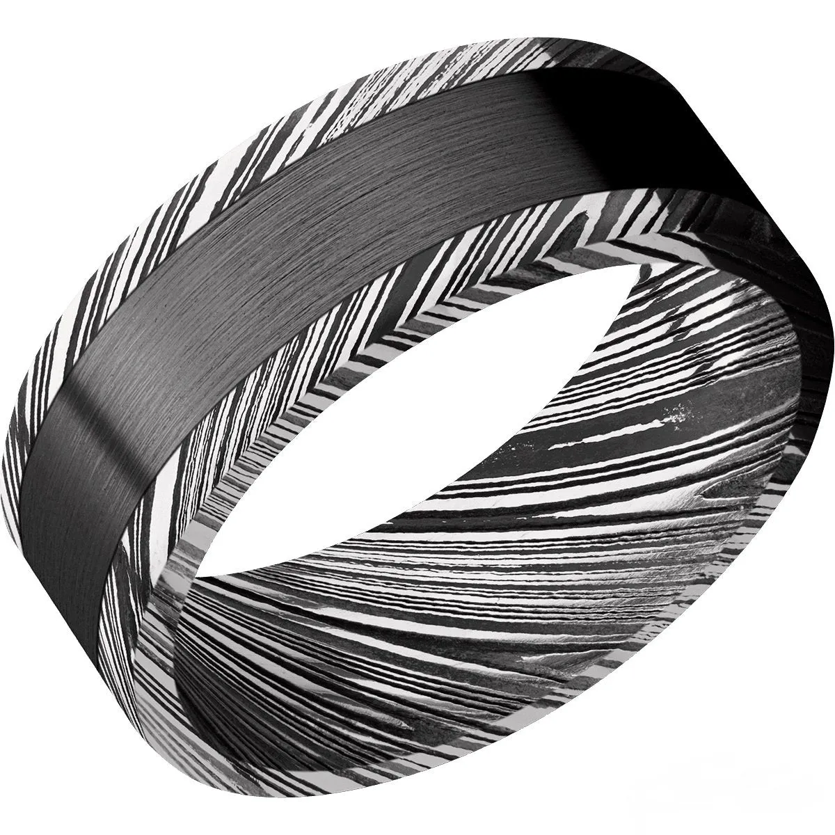 Woodgrain Damascus Steel 8mm Wedding Band with Acid Finish and Black Zirconium Inlay