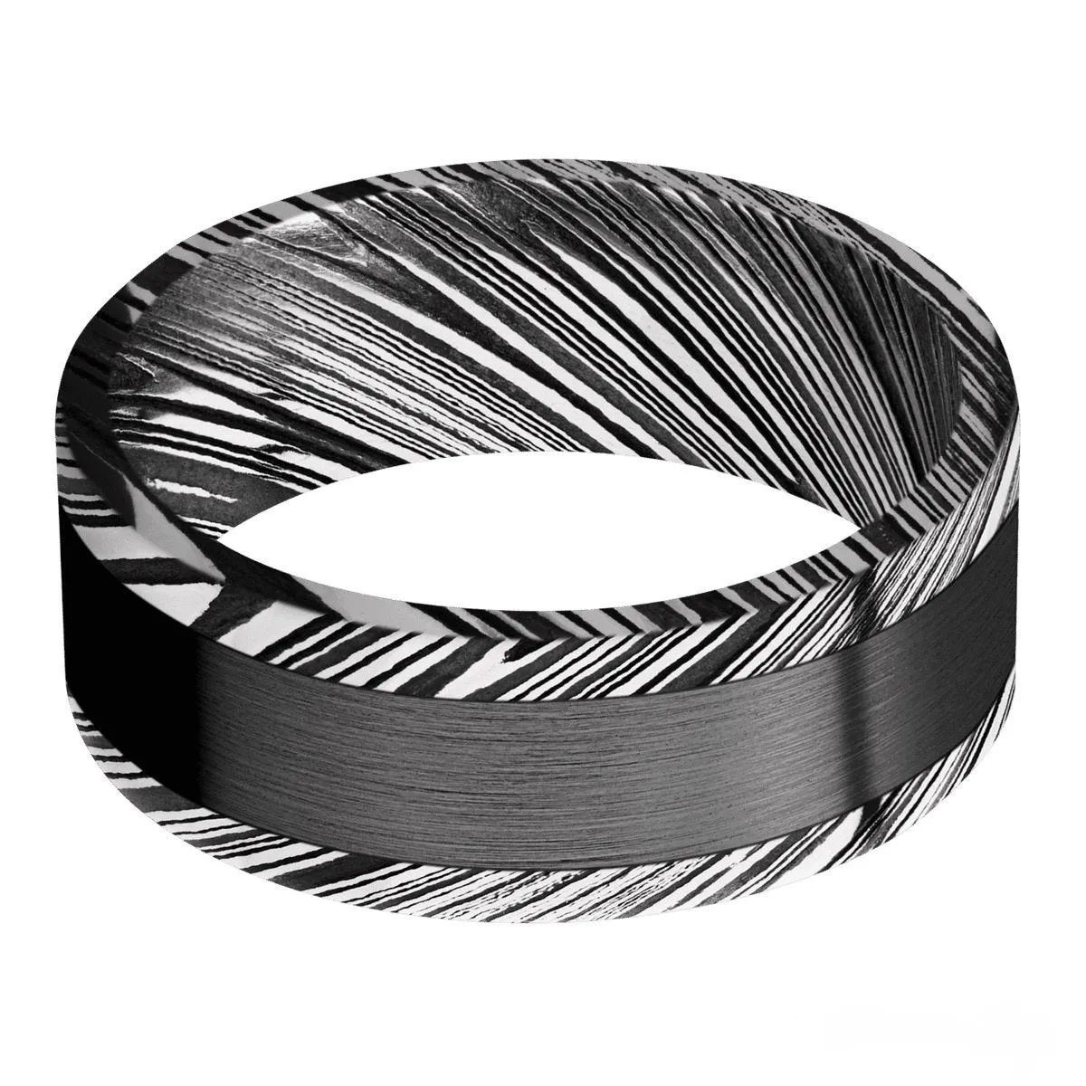 Woodgrain Damascus Steel 8mm Wedding Band with Acid Finish and Black Zirconium Inlay