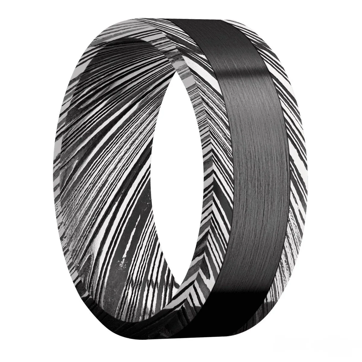 Woodgrain Damascus Steel 8mm Wedding Band with Acid Finish and Black Zirconium Inlay