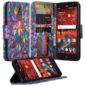 ZTE Blade Spark Z971, ZTE ZMAX One, ZTE Grand X4, X 4 Case, Wrist Strap Pu Leather Magnetic Flip [Kickstand] Wallet Cover with Slots - Rainbow Flower