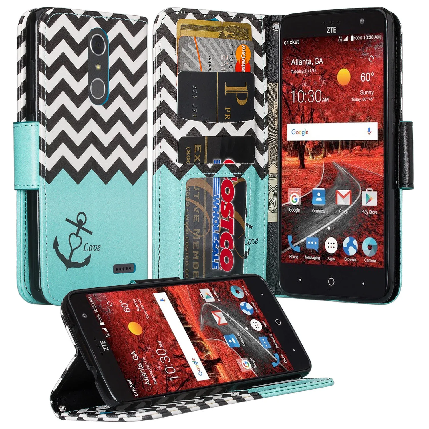 ZTE Blade Spark Z971, ZTE ZMAX One, ZTE Grand X4, X 4 Case, Wrist Strap Pu Leather Magnetic Flip [Kickstand] Wallet Cover with Slots - Teal Anchor