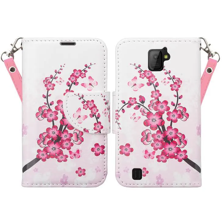 ZTE Citrine LTE Case, Wrist Strap Flip Folio [Kickstand] Pu Leather Wallet Case with ID & Credit Card Slots & Money Pocket - Cherry Blossom