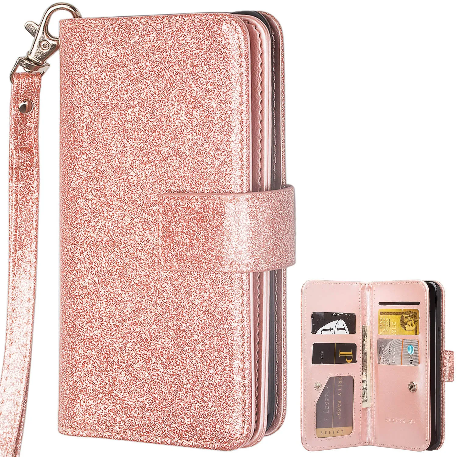 ZTE Max XL Case, ZTE Blade Max 3, ZTE Max Blue, [Wrist Strap] Glitter Faux Leather Flip [Kickstand] Wallet Cover Wristlet - Rose Gold