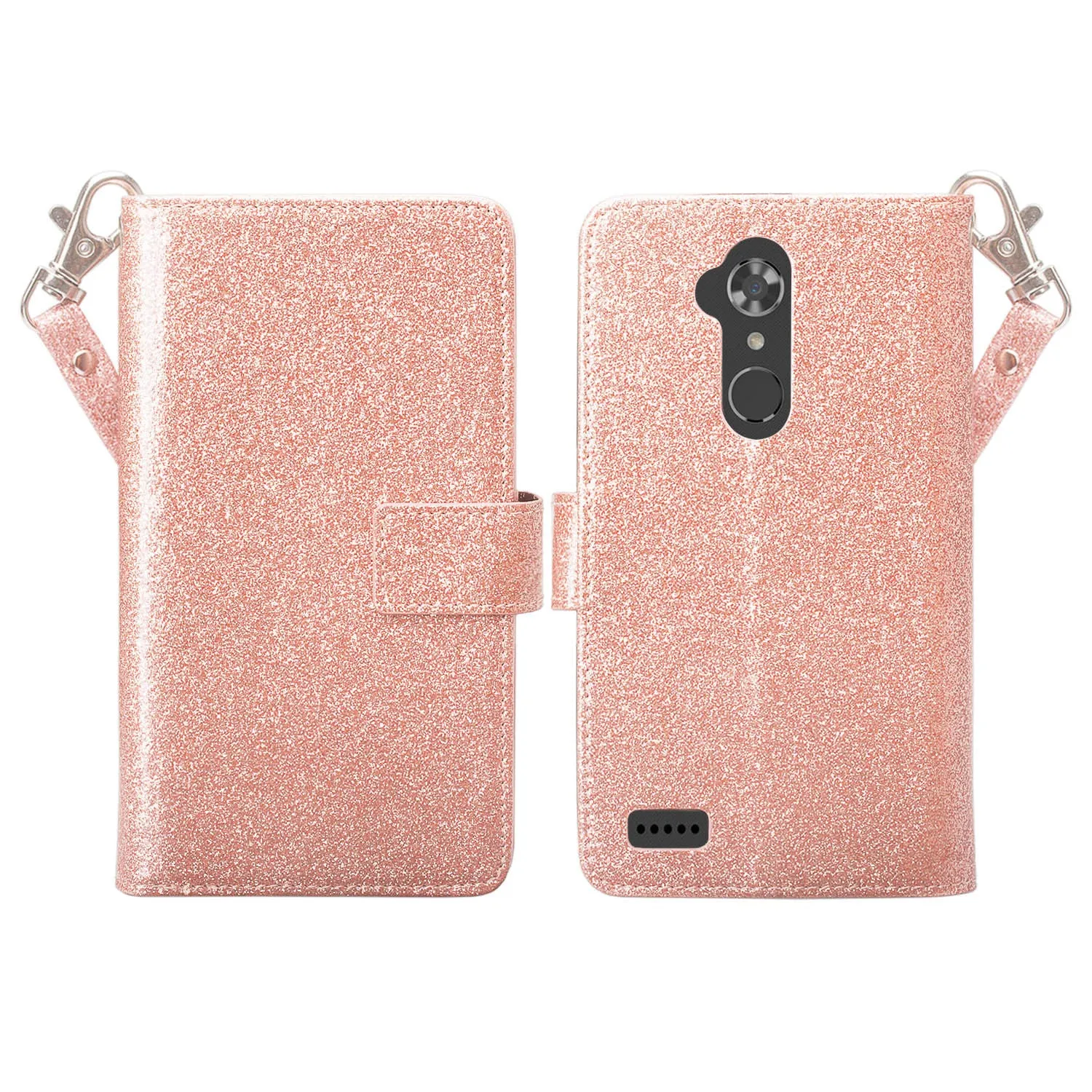 ZTE Max XL Case, ZTE Blade Max 3, ZTE Max Blue, [Wrist Strap] Glitter Faux Leather Flip [Kickstand] Wallet Cover Wristlet - Rose Gold