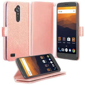 ZTE Max XL Case, ZTE Blade Max 3, ZTE Max Blue, [Wrist Strap] Glitter Faux Leather Flip [Kickstand] Wallet Cover Wristlet - Rose Gold