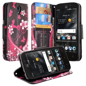 ZTE Prestige 2, Overture 3, Maven 3, Prelude Plus, ZTE 9136, Midnight Pro, Leather Magnetic Flip Fold[Kickstand] Wrist Strap Wallet Case with Card Slots - Heart Butterflies