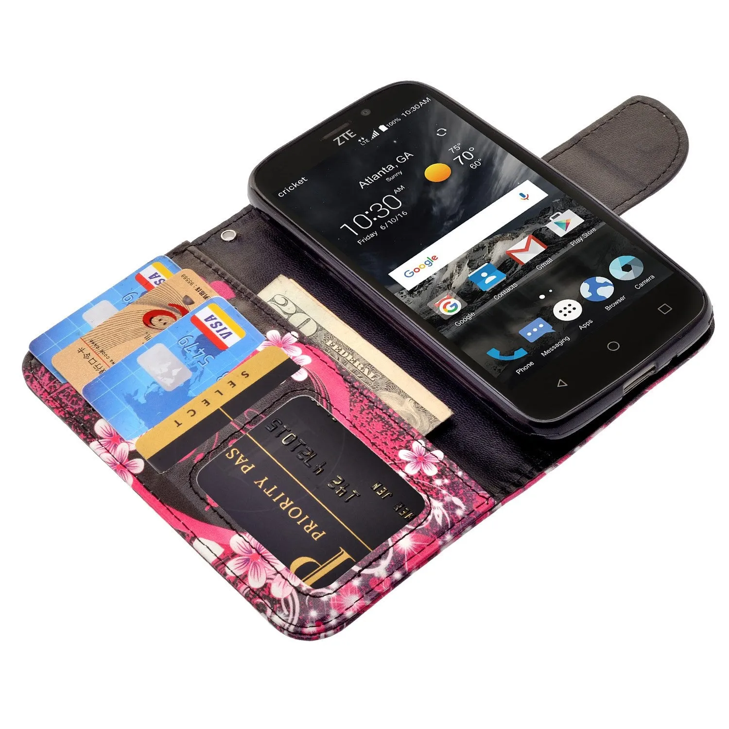 ZTE Prestige 2, Overture 3, Maven 3, Prelude Plus, ZTE 9136, Midnight Pro, Leather Magnetic Flip Fold[Kickstand] Wrist Strap Wallet Case with Card Slots - Heart Butterflies