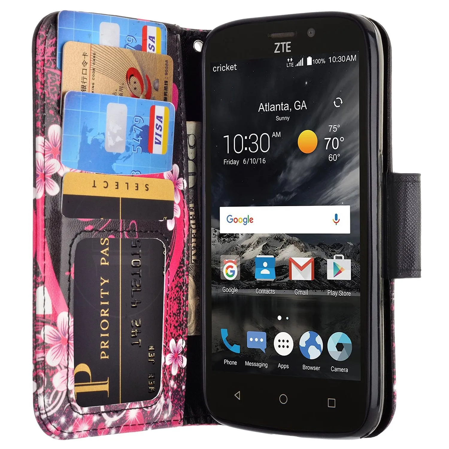 ZTE Prestige 2, Overture 3, Maven 3, Prelude Plus, ZTE 9136, Midnight Pro, Leather Magnetic Flip Fold[Kickstand] Wrist Strap Wallet Case with Card Slots - Heart Butterflies