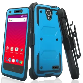 ZTE Prestige 2, Overture 3, Maven 3, Prelude Plus, ZTE 9136, Midnight Pro, Rugged Full-Body, Built-in Screen Protector, Heavy Duty Holster Combo Case Cover - Blue