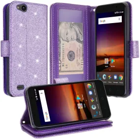 ZTE Tempo X Case, Tempo Go, Blade Vantage, Avid 4, ZFive C, ZFive G, N9137, Z557BL, Z558VL Case, Glitter Faux Leather Flip Credit Card Holder Wrist Strap Shockproof Protective Wallet Case Clutch for ZTE Tempo X - Purple