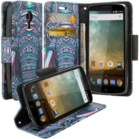 ZTE Ultra Case | ZTE Quest | ZTE Uhura Case, Wrist Strap Magnetic Flip Fold[Kickstand] Pu Leather Wallet Case with ID & Credit Card Slots for ZTE Ultra/Quest/Uhura - Tribal Elephant