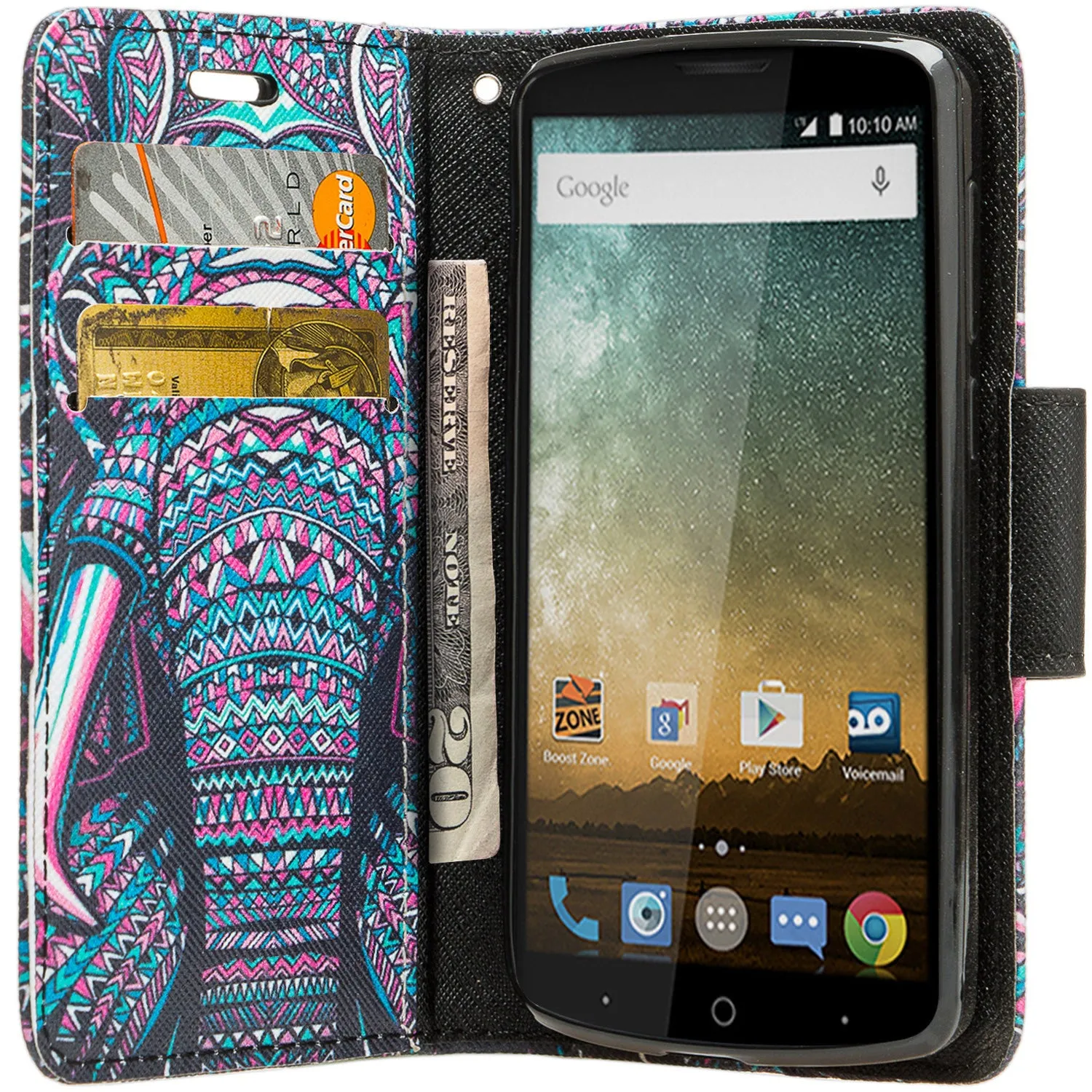 ZTE Ultra Case | ZTE Quest | ZTE Uhura Case, Wrist Strap Magnetic Flip Fold[Kickstand] Pu Leather Wallet Case with ID & Credit Card Slots for ZTE Ultra/Quest/Uhura - Tribal Elephant