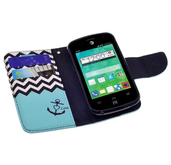 ZTE Z667 Case, Wrist Strap Magnetic Flip Fold[Kickstand] Pu Leather Wallet Case with ID & Card Slots - Teal Anchor