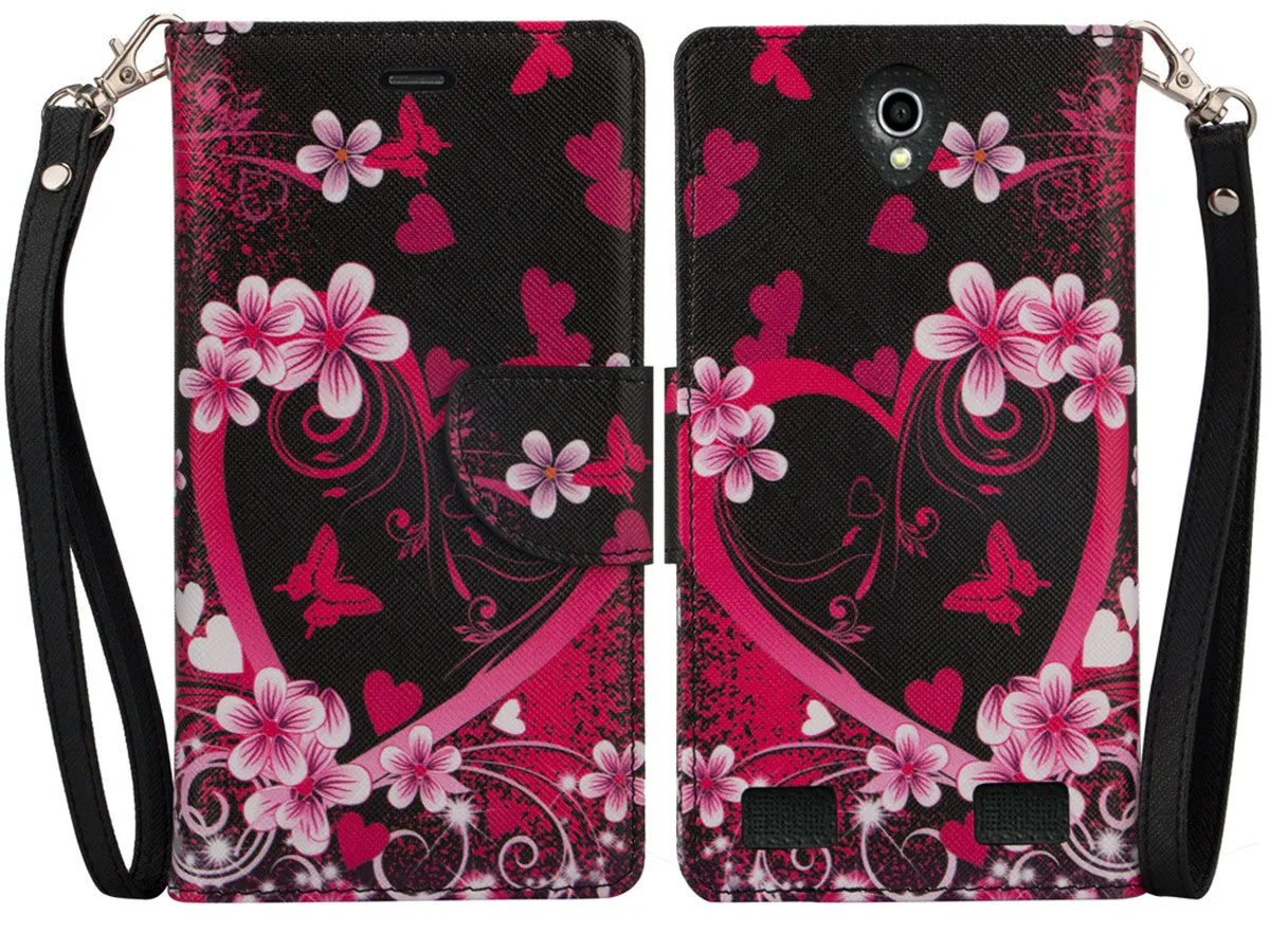 ZTE ZMAX 2 | Z958 Case, Wrist Strap Magnetic Fold[Kickstand] Pu Leather Wallet Case with ID & Credit Card Slots for ZTE ZMAX 2 - Heart Butterflies