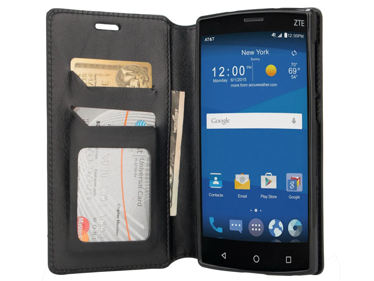 ZTE ZMAX 2 | Z958 Wallet Case, Slim Flip Folio [Kickstand] Pu Leather Wallet Case with ID & Card Slots & Pocket - Black